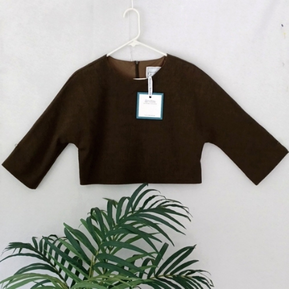 Danielle Rollins Deep Olive Green  Textured Wool Crop Top, 3/4 Sleeve  XS